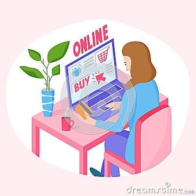 Buying online concept, woman orders goods on the internet and pay by card, shopping from home, vector illustration Vector Illustration