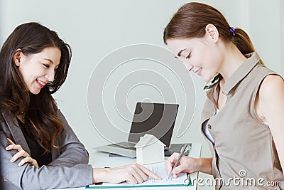 Buying rental home sale agency give signing agreement purchase contract Stock Photo