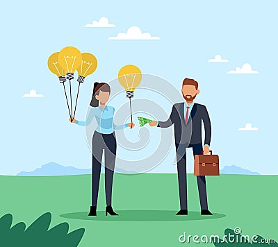 Buying and selling ideas. Idea search. Woman hold light bulbs, businessman give money. Investing in innovation and new Vector Illustration