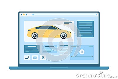 Buying and selling new or used car online service, laptop desktop with automotive website Vector Illustration