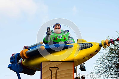 Buzz Lightyear waves and rides on a float in Disneyland Parade Editorial Stock Photo