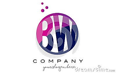 BW B W Circle Letter Logo Design with Purple Dots Bubbles Vector Illustration