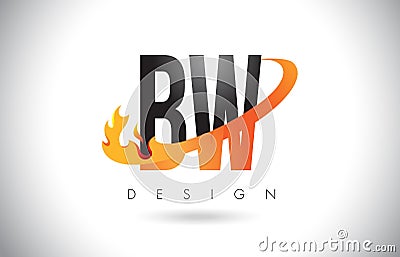 BW B W Letter Logo with Fire Flames Design and Orange Swoosh. Vector Illustration