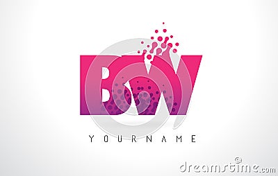 BW B W Letter Logo with Pink Purple Color and Particles Dots Design. Vector Illustration