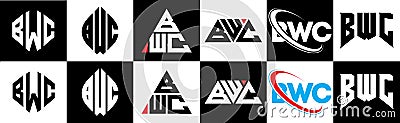 BWC letter logo design in six style. BWC polygon, circle, triangle, hexagon, flat and simple style with black and white color Vector Illustration