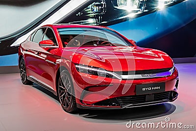 BYD Han all-electric car showcased at the Paris Motor Show, France - October 17, 2022 Editorial Stock Photo