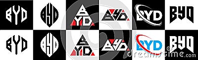 BYD letter logo design in six style. BYD polygon, circle, triangle, hexagon, flat and simple style with black and white color Vector Illustration