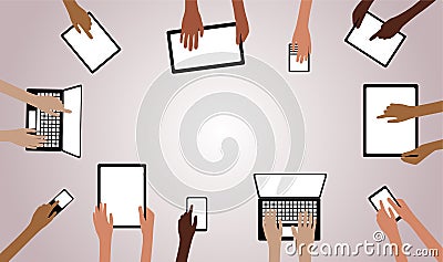 BYOD Bring your own Device Hands with Computers Ta Vector Illustration