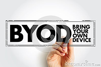 BYOD Bring Your Own Device - policy that allows employees in an organization to use their personally owned devices for work- Stock Photo