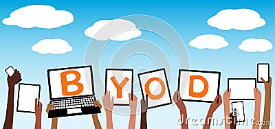 BYOD Bring Your own Device Tablet in Hands Blue Sk Vector Illustration