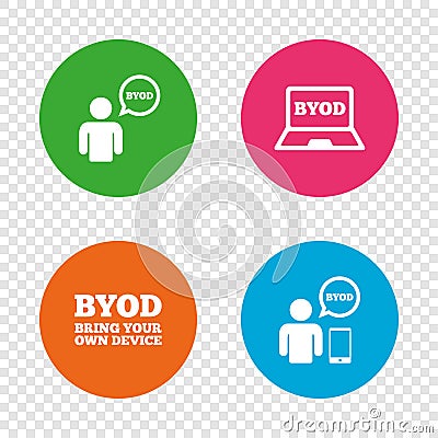 BYOD signs. Human with notebook and smartphone. Vector Illustration