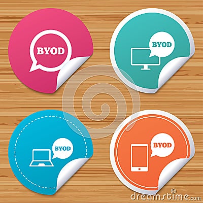 BYOD signs. Notebook and smartphone icons. Vector Illustration