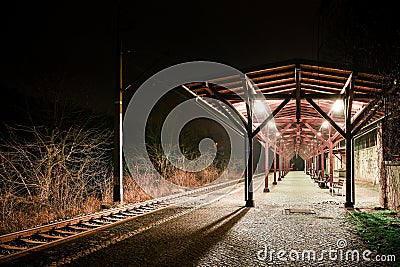 Bystrzyca Klodzka, a railway station illuminated at night Stock Photo