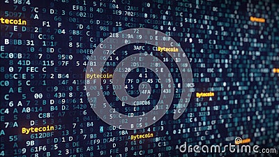 Bytecoin captions appearing among changing hexadecimal symbols on a computer screen. 3D rendering Stock Photo