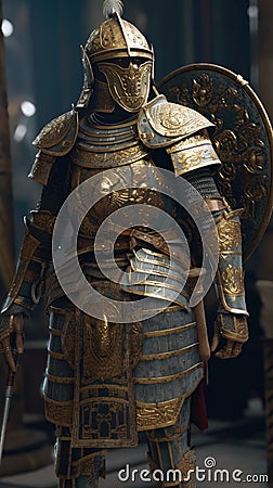Byzantine Cataphract in Battle: Full Body Shot with War Paint and Steel Gauntlets. Motion Graphics. Stock Photo