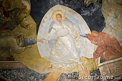 Byzantine fresco of Christ resurrecting Adam and Eve Stock Photo