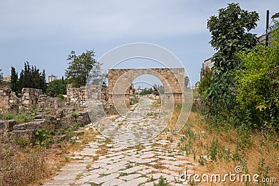 The Byzantine road. Al-Bass Tyre necropolis. Roman remains in Tyre. Tyre is an ancient Phoenician city. Tyre, Lebanon Stock Photo