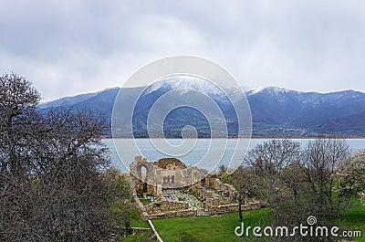 Byzantine ruins in Agios Achilios island, Small Prespa lake, Florina, Greece Stock Photo