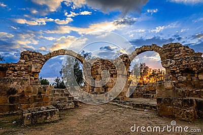 The Byzantine Saranta Kolones, Forty columns castle, ruined archs in a sunset time, Kato Paphos, Cuprus Stock Photo