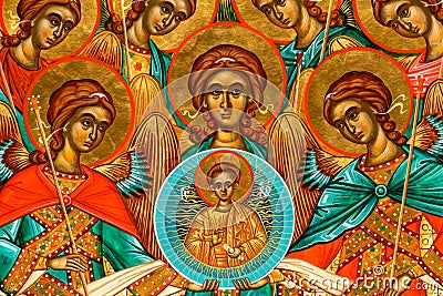 Byzantine Style Orthodox Icon, Synaxis of the Holy Archangels Detail Editorial Stock Photo