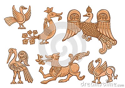 Byzantine traditional historical motifs of animals, birds, flowers and plants Vector Illustration
