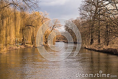 The BÃ³br river canal that supplies the Zagan hydroelectric power plant. Stock Photo