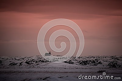 BÃºÃ°akirkja, SnÃ¦fellsnes Peninsula, Iceland, Black church surrounded by snow, frozen nature Stock Photo