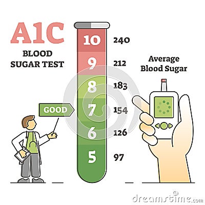 A1C blood sugar test with glucose level measurement list outline diagram Vector Illustration