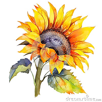 big yellow sunflower, summer wildflowers, isolated on white, watercolor illustration, Cartoon Illustration