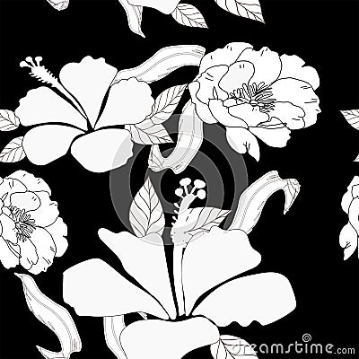 Seamless Vector Hibiscus Black and White Hawaiian background design Pattern. Great for Fabrics, Scrap booking, bullet journal, Vector Illustration