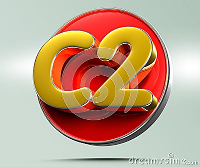 C2 gold on red circle 3D. Cartoon Illustration