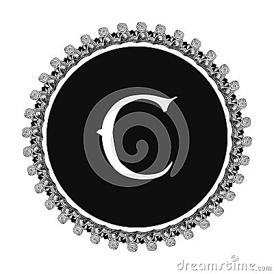 C letter in circle frame in floral ornament style on black color and white background Stock Photo