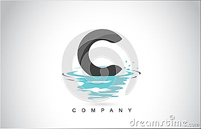 C Letter Logo Design with Water Splash Ripples Drops Reflection Vector Illustration