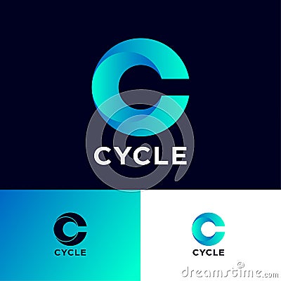 C letter monogram. Cycle logo. Blue logo with vortex dynamic element on a different backgrounds. Vector Illustration