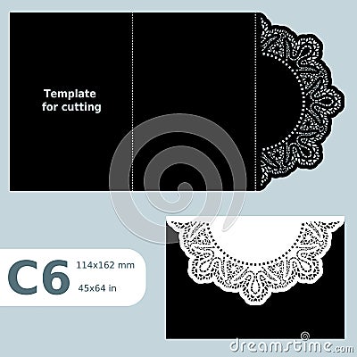 C6 paper openwork greeting card, template for cutting, lace invitation, Ñard with fold lines, object isolated background Vector Illustration