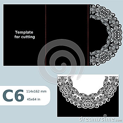 C6 paper openwork greeting card, wedding invitation, lace invitation, card with fold lines, object isolated background, laser cu Vector Illustration