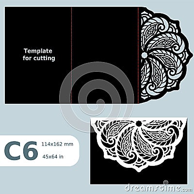 C6 paper openwork greeting card, wedding invitation, template for cutting, lace invitation, card with fold lines, object isolated Vector Illustration