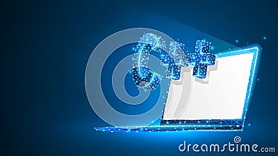 C plus coding language on white notebook screen. Device, programming, developing concept. Abstract, digital, wireframe Vector Illustration