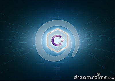 C Sharp sign and program code on blue background Vector Illustration
