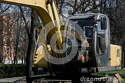 Cab of a bulldozer at a construction site Stock Photo