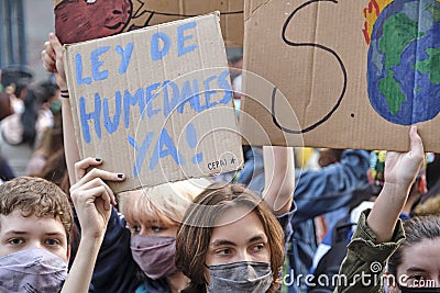 Young protesters demanding the wetlands law in Buenos Aires, Argentina Editorial Stock Photo