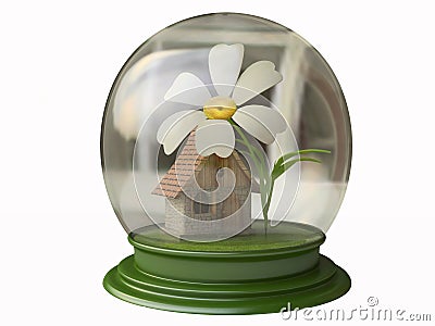 Cabaña mágica y una flor en un globo de la nieve stock de ...