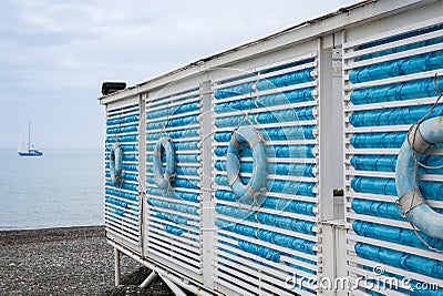 Cabanas on the beach. Nautical style. Marine landscape Stock Photo