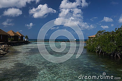 Cabanas on Renaissance Island in Aruba Stock Photo