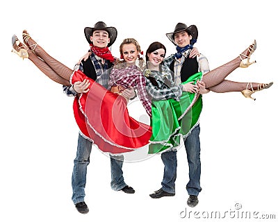 Cabaret dancer team dressed in cowboy costumes Stock Photo