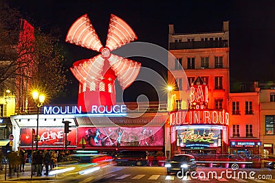 Cabaret Moulin Rouge at night in Paris, France Editorial Stock Photo