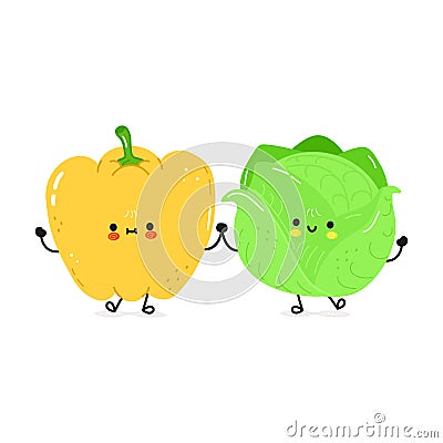 Cabbage and bell pepper card. Vector hand drawn doodle style cartoon character illustration icon design. Happy Cabbage Vector Illustration