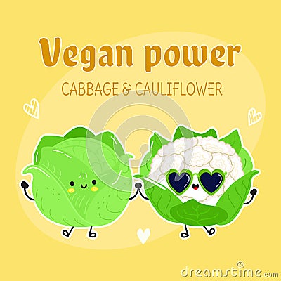 Cabbage and cauliflower card. Vector hand drawn doodle style cartoon character illustration icon design. Happy cabbage Vector Illustration