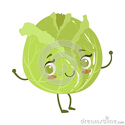 Cabbage Cute Anime Humanized Smiling Cartoon Vegetable Food Character Emoji Vector Illustration Vector Illustration