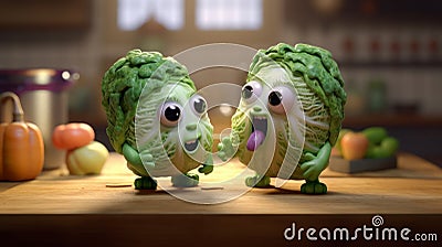 Cabbage Friends Chatting In A Pixar-style Kitchen Stock Photo